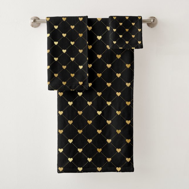 Elegant Chic Black Gold Hearts Pattern Bath Towel Set (Insitu)