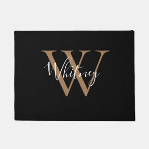Elegant Chic Black Gold Monogram Script Name   Doormat