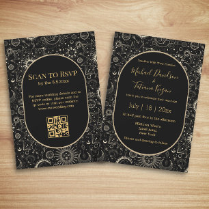 elegant chic black gold mystical qr code wedding invitation