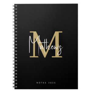 Elegant Chic Black Gold White Monogram Name Notebook