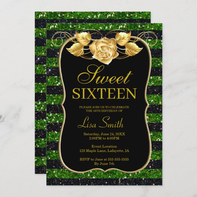Elegant Chic Black Green Glitter Rose Sweet 16 Invitation (Front/Back)