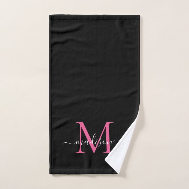 Elegant Chic Black Hot Pink Monogram Script Name Hand Towel (Hand Towel)