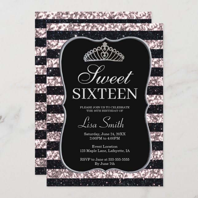 Elegant Chic Black Pink Glitter Tiara Sweet 16 Invitation (Front/Back)