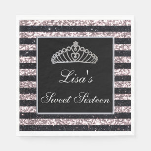 Elegant Chic Black Pink Glitter Tiara Sweet 16 Napkin