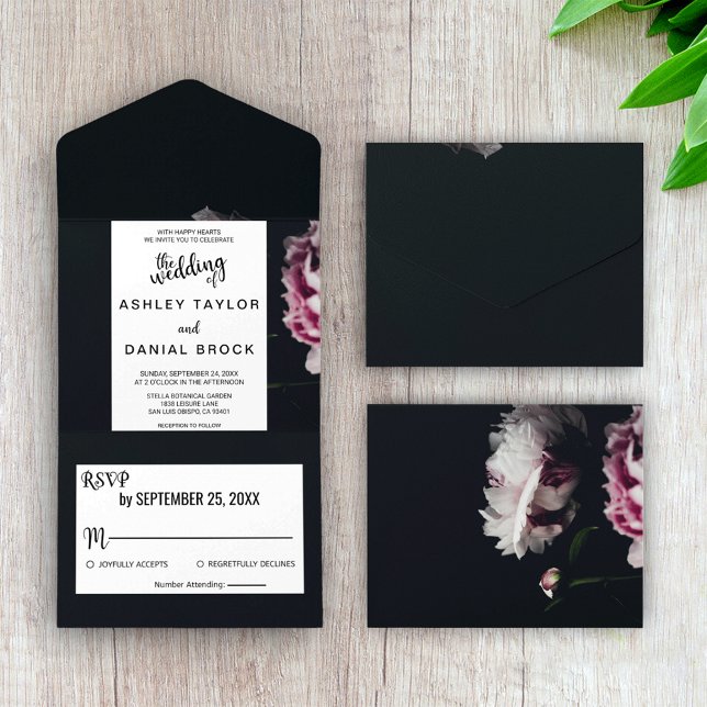 Elegant chic black romantic rose floral Wedding Al All In One Invitation (Creator Uploaded)