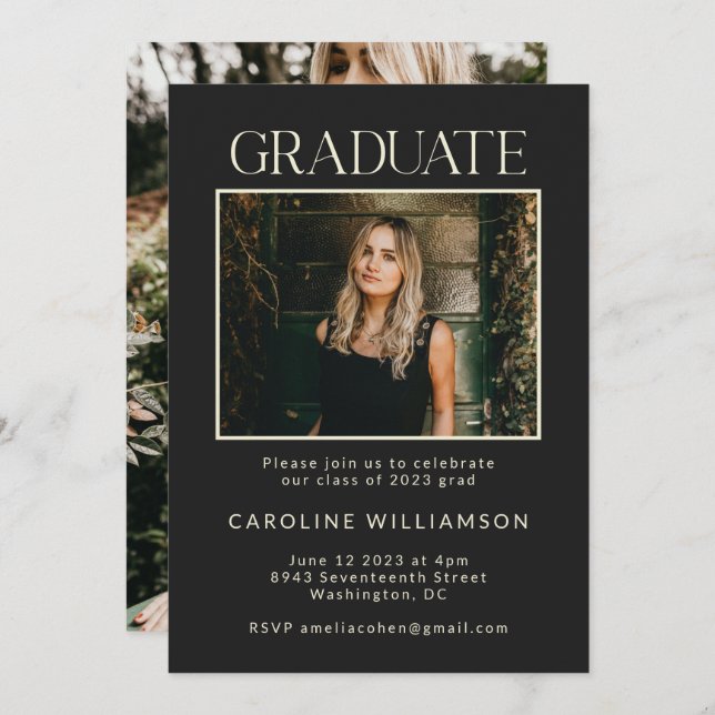 Elegant Chic Black Two Photo Graduation Party Invitation (Front/Back)