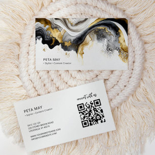 Elegant Chic Black & White Abstract Watercolour QR Business Card