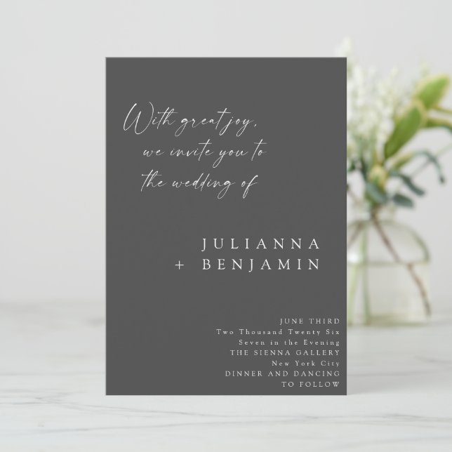 Elegant Chic Black White Minimalist Script Wedding Invitation (Standing Front)