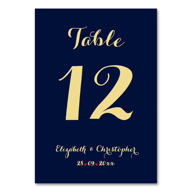 Elegant Chic Blue Faux Gold Wedding Bridal Shower Table Number (Front)