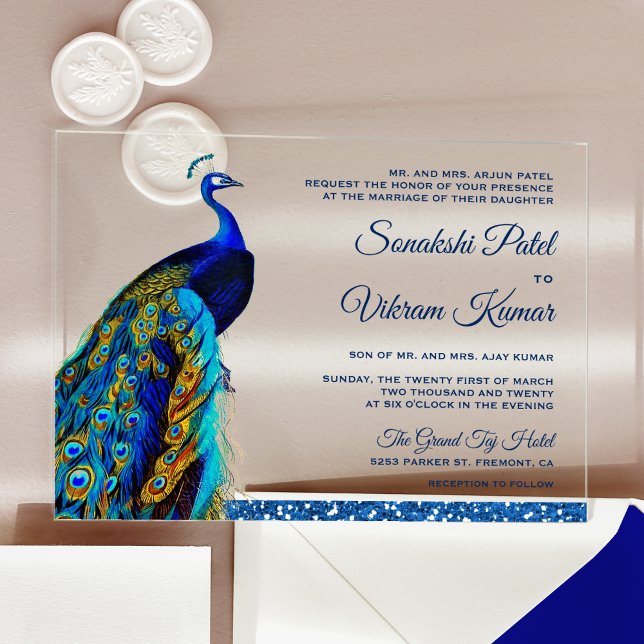 Elegant Chic Blue Glitter Peacock Indian Wedding Acrylic Invitations (Creator Uploaded)