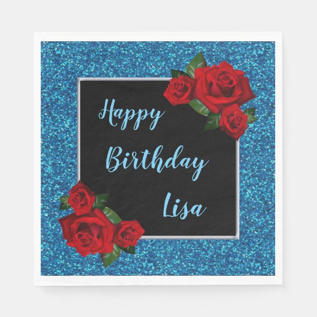 Elegant Chic Blue Glitter Red Roses Birthday Napkin (Front)