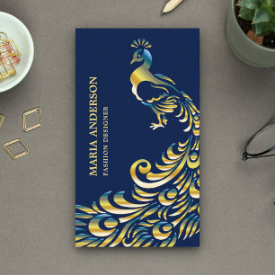 Elegant Chic Blue Gold Foil Shiny Peacock Business Card