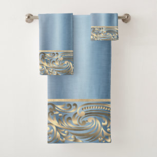 Elegant Chic Blue Metallic Gold Swirls Bath Towel Set