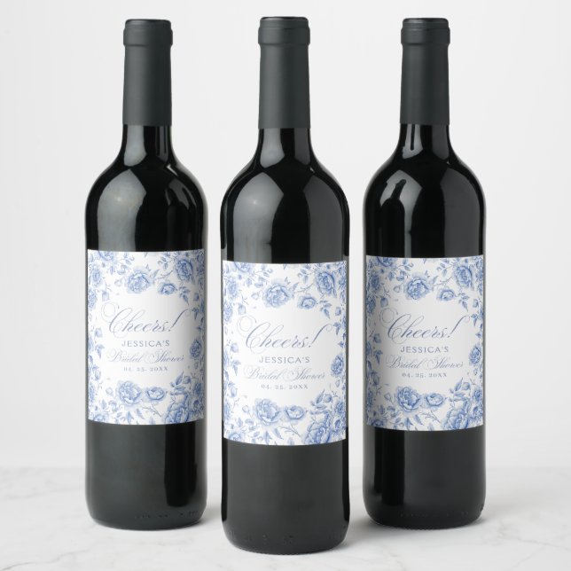 Elegant Chic Blue Toile Chinoiserie Bridal Shower Wine Label (Bottles)