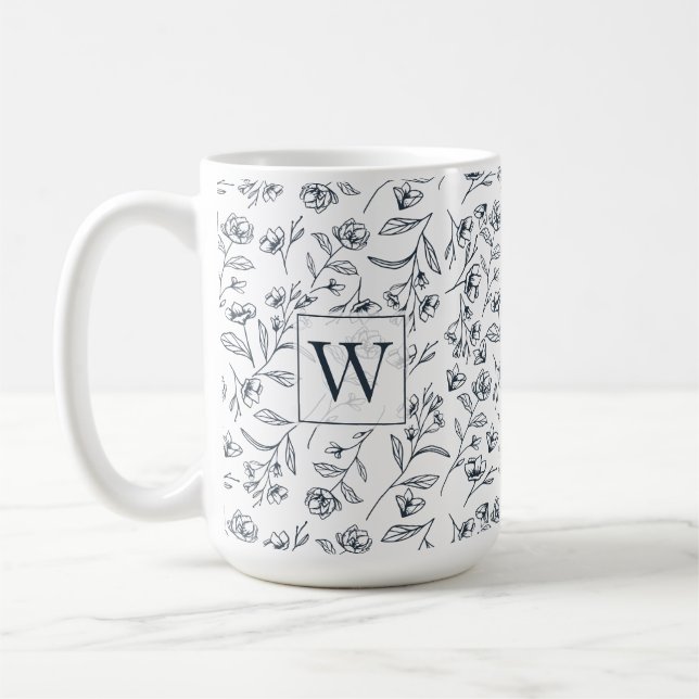Elegant Chic Blue & White flower Foliage Monogram Coffee Mug (Left)