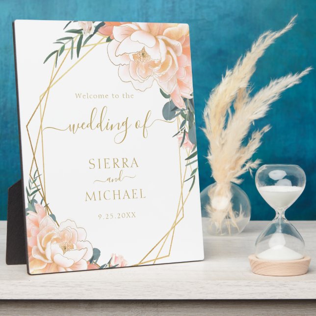 Elegant Chic Blush Gold Peach Cream Floral Wedding Plaque (Side)