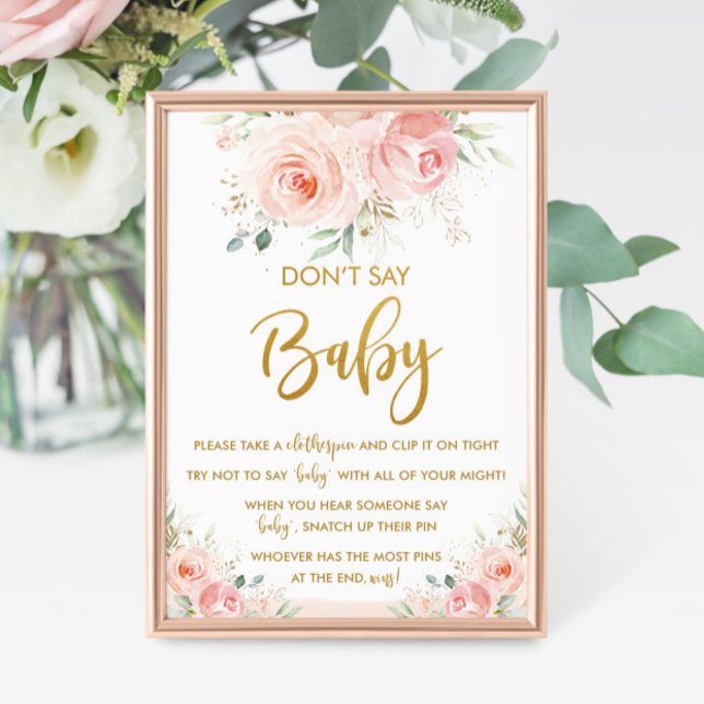 Elegant Chic Blush Pink Floral Don't Say Baby Game Poster (don't say baby game sweet blooms blush pink floral flowers gold girl baby shower activities )