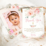 Elegant Chic Blush Pink Floral Gold Baptism Photo Thank You Card<br><div class="desc">Personalise this chic double sided baptism photo thank you card easily and quickly, simply press the customise it button to further re-arrange and format the style and placement of the text.  This elegant invitation features beautiful watercolor blush pink roses and dainty green and gold foliage. Matching items available in store!...</div>