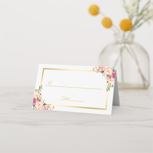 Elegant Chic Blush Pink Floral Gold Frame Wedding Place Card (Front)