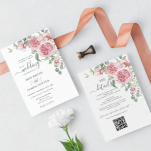 Elegant Chic Blush Pink Floral Wedding Details QR  Invitation