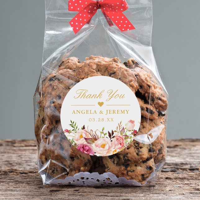 Elegant Chic Blush Pink Floral Wedding Thank You Classic Round Sticker (Creator Uploaded)