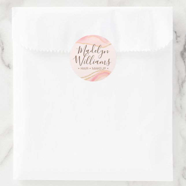 Elegant Chic Blush Pink Gold Glitter Marble Script Classic Round Sticker (Bag)
