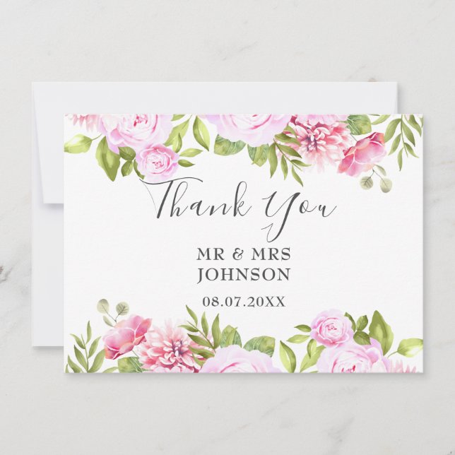 Elegant Chic Blush Pink Greenery Floral Wedding Thank You Card (Front)