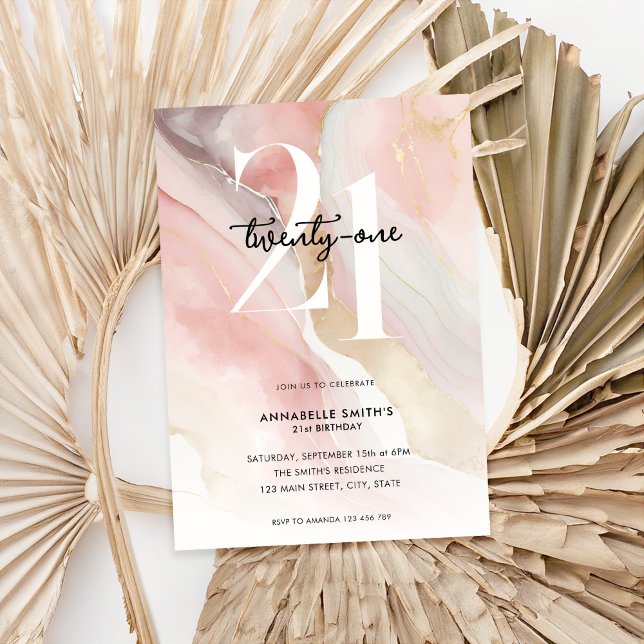 Elegant Chic Blush Pink Marble Agate 21st Birthday Invitation (Creator Uploaded)