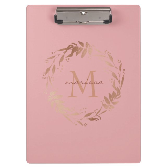 Elegant Chic Blush Pink Rose Gold Monogram Clipboard (Front)