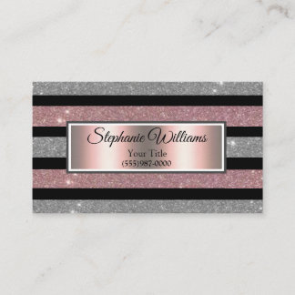 Elegant Chic Blush Pink & Silver Glitter Stripe Business Card
