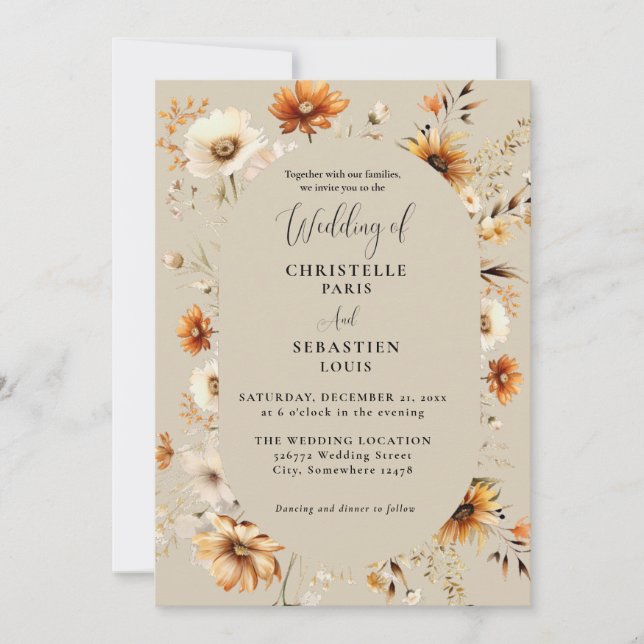 Elegant & Chic Boho Fall Wildflower  Wedding  Invitation (Front)