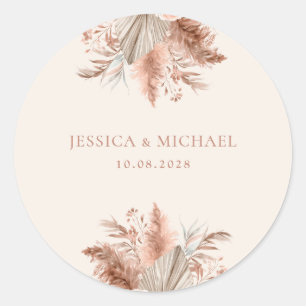 Elegant Chic Boho Pampas Floral Wedding Classic Round Sticker