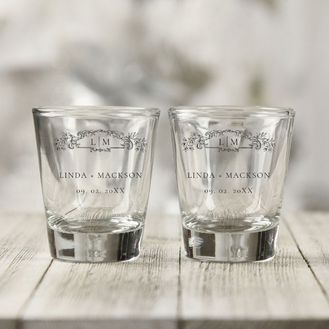 Elegant & Chic botanical crest monogram wedding Shot Glass (Creator Uploaded)