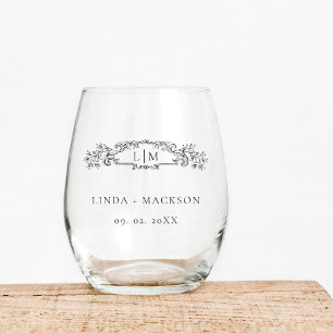 Elegant & Chic botanical crest monogram wedding Stemless Wine Glass