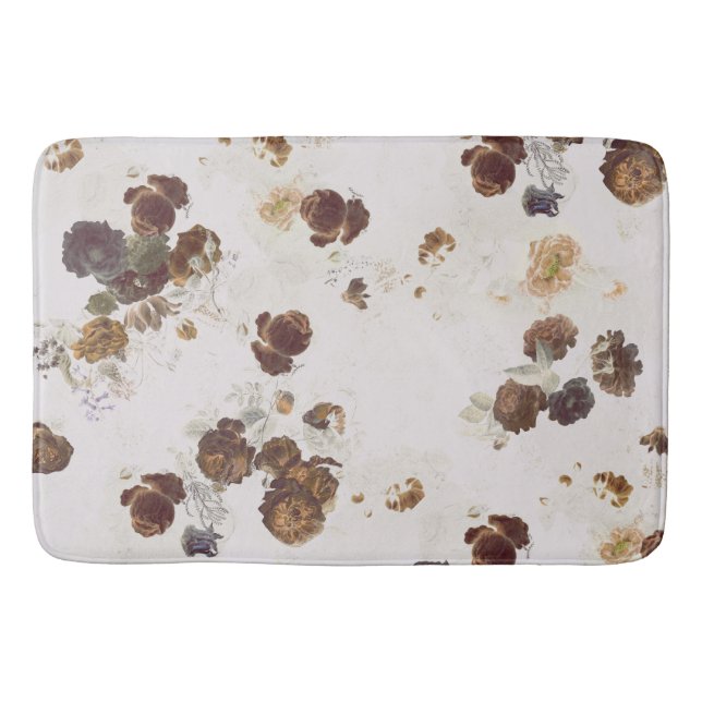 Elegant Chic Brown Beige Roses Floral Toile Bath Mat (Front)