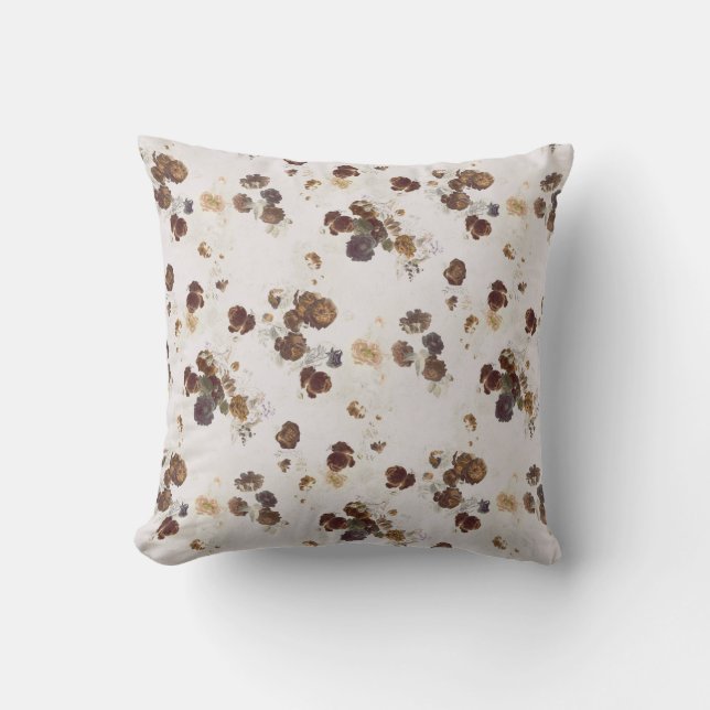 Elegant Chic Brown Beige Roses Floral Toile Cushion (Front)