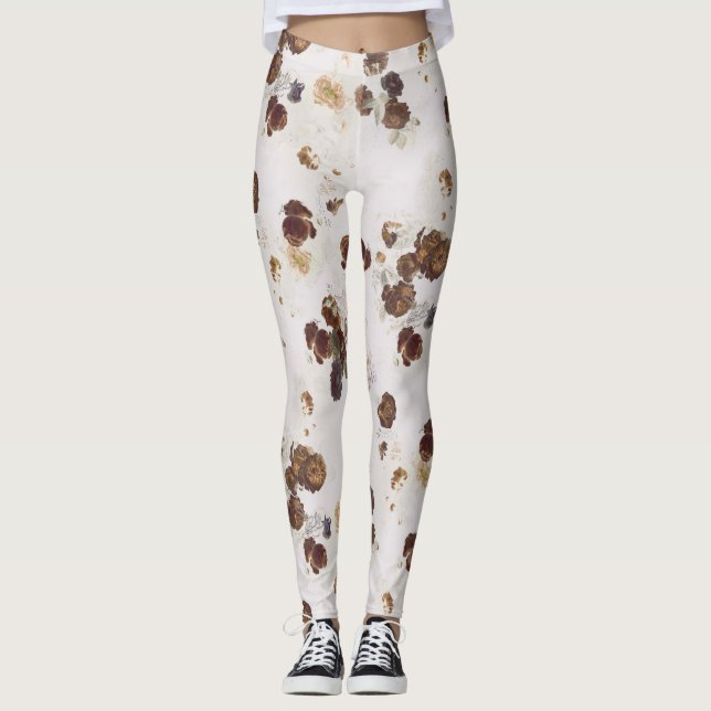 Elegant Chic Brown Beige Roses Floral Toile Leggings (Front)