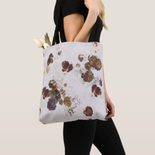 Elegant Chic Brown Beige Roses Floral Toile Tote Bag
