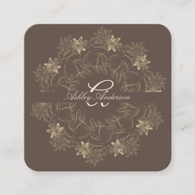 Elegant Chic Brown Gold Floral Script Monogram Square Business Card (Front)