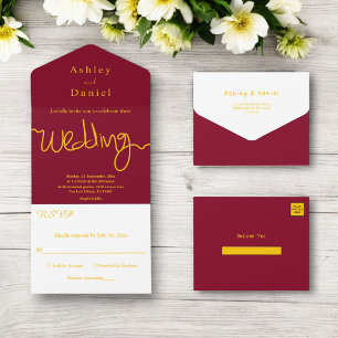 Elegant Chic Burgundy And Gold Calligraphy Wedding All In One Invitation