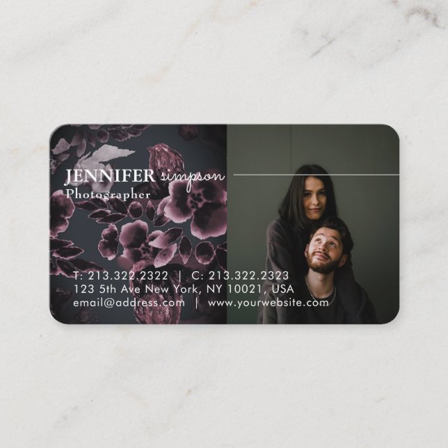 Elegant Chic Burgundy Floral Pattern 3 Photos Business Card (Front)
