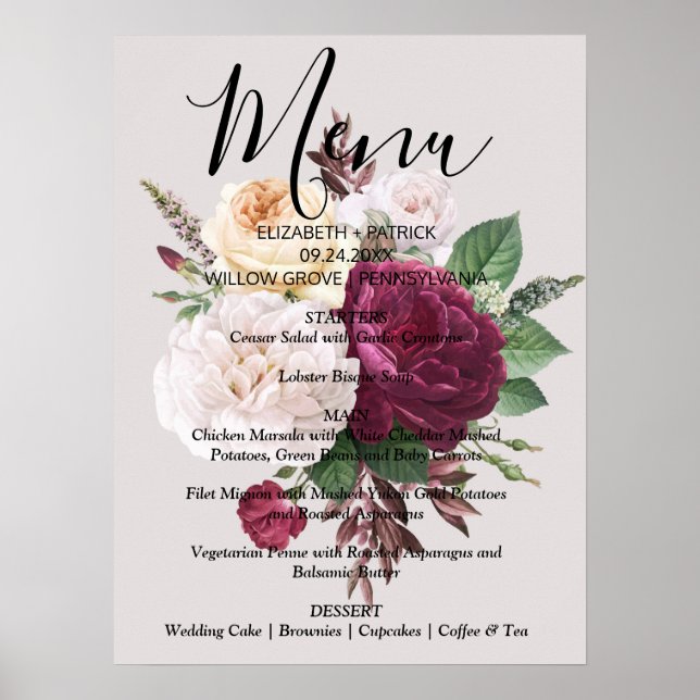 Elegant chic  burgundy floralMenu Sign (Front)
