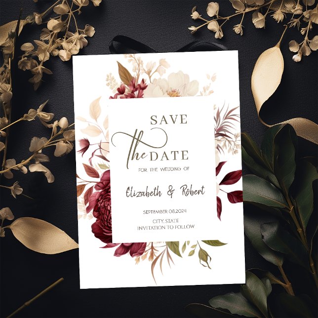 Elegant Chic Burgundy  Flowers Save The Date (Creator Uploaded)
