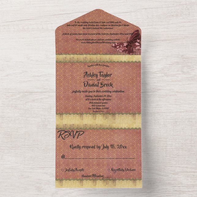 Elegant Chic Burgundy Rose Gold Formal Wedding All In One Invitation (Inside)