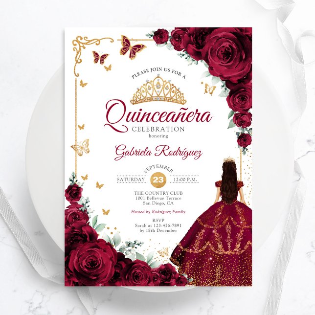 Elegant Chic Burgundy Roses Gold Quinceanera Invitation (Creator Uploaded)