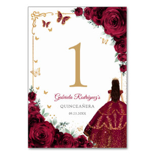 Elegant Chic Burgundy Roses Gold Quinceanera Table Number