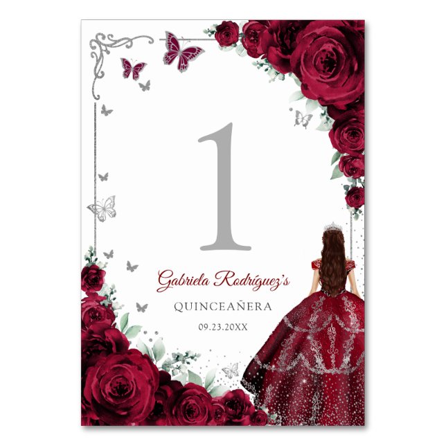 Elegant Chic Burgundy Roses Silver Quinceanera Table Number (Front)