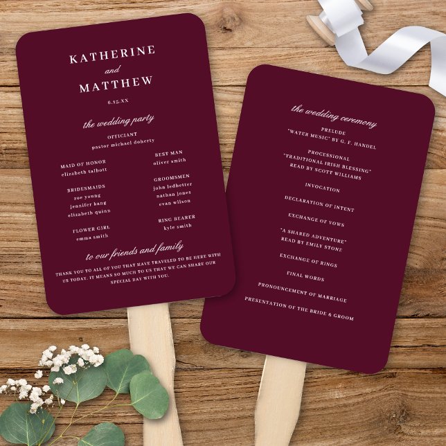 Elegant Chic Burgundy Wedding Ceremony Program Hand Fan (Elegant Chic Burgundy Merlot Wedding Ceremony Program Hand Fan)