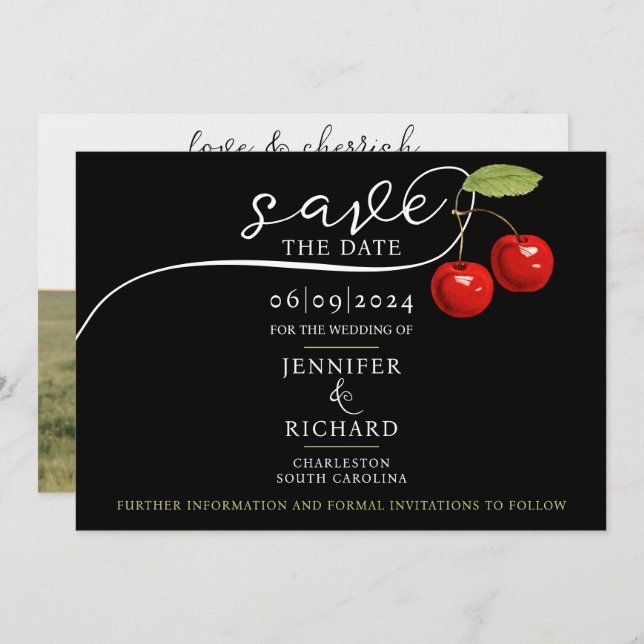 Elegant Chic Cherries Red Black Photo Calligraphy  Save The Date (Front/Back)