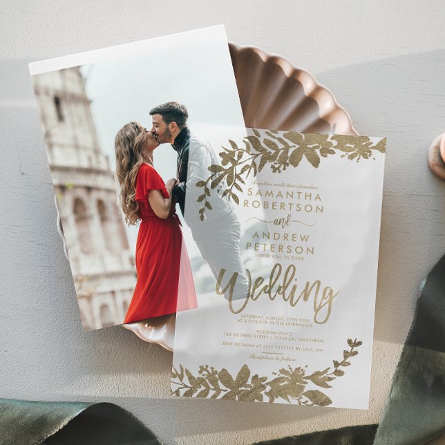 Elegant Chic Classic Faux Gold Foil Leaf Wedding Vellum Invitations (Elegant Chic Classic Faux Gold Foil Leaf Wedding Vellum Invitations)